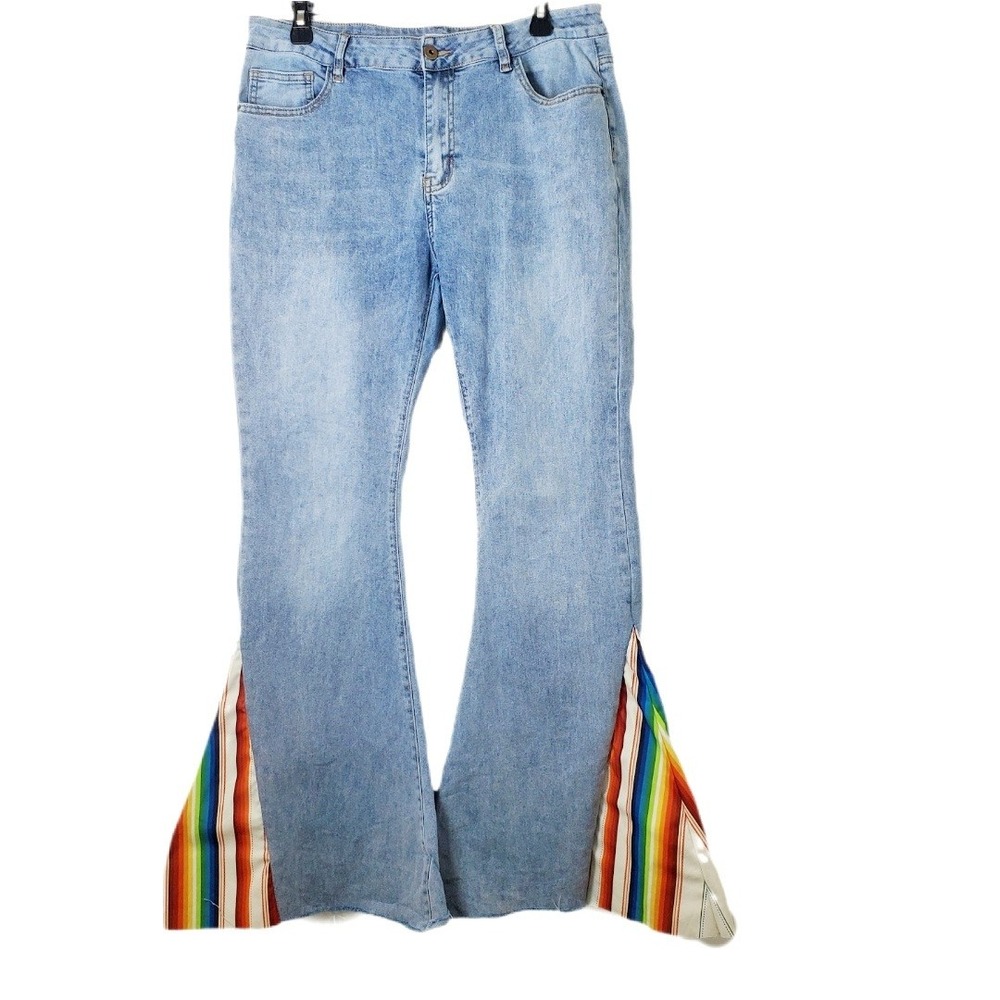 Home Folk Boutique Rainbow Flare Bell Bottom Jeans‎ Festival Style Denim Size 12
